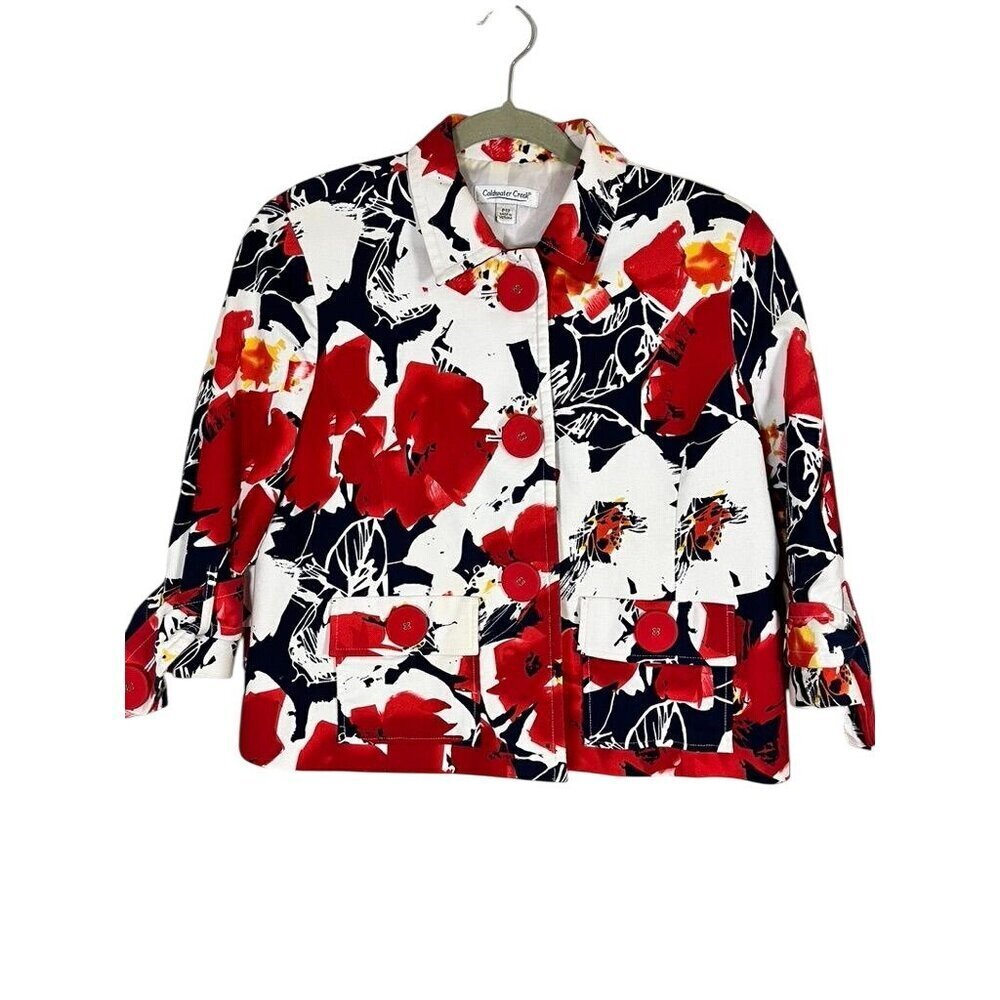 Coldwater Creek Floral Jacket‎ 12P Red Boho Western Hippie Colorful Preppy Artsy